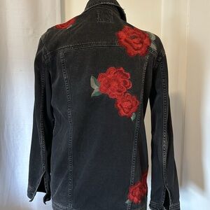Black jeans long jacket with red flowers